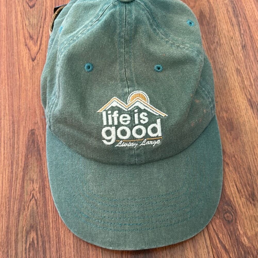 Life is good living large, baseball, cap, army green, distressed